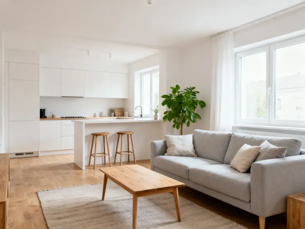 Jasny salon z aneksem kuchennym w stylu skandynawskim, z szarą sofą, białą zabudową, wyspą i dużym oknem.